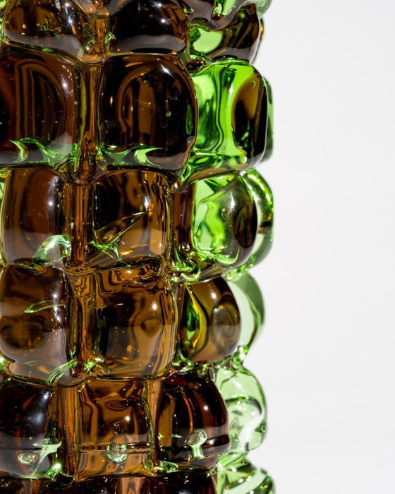 Image 1 of Skrdlovice “Ananas” Vase by František Vízner, 1971 Amber & Green Czech Art Glass