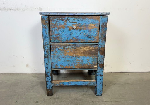 Blauwe industriële houten ladekast, jaren 50