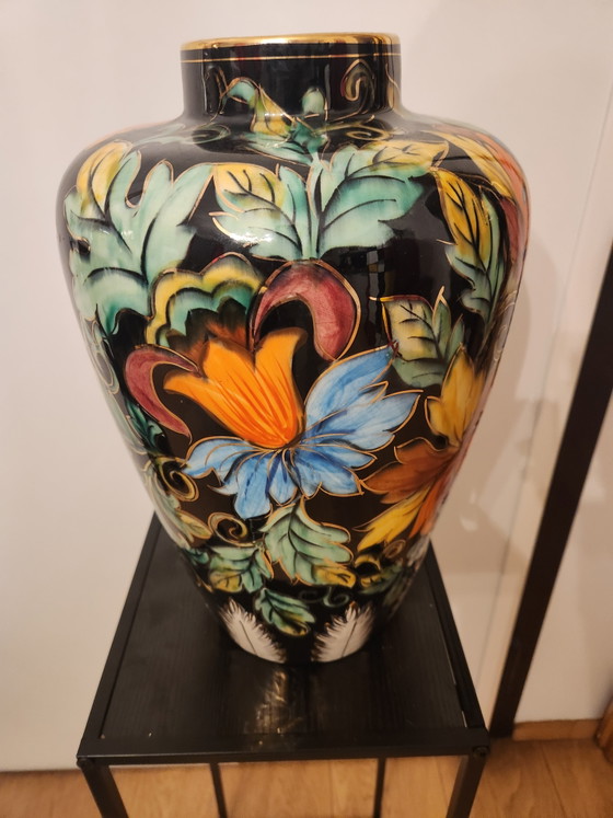 Image 1 of Large Vintage Art Deco Style Vase - Hubert Bequet - Black with Hand-Painted