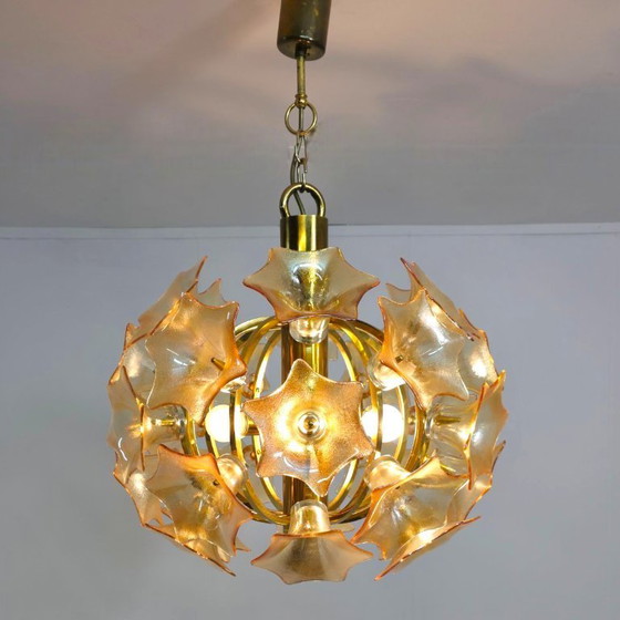 Image 1 of Lampe sphérique Sische avec fleurs de Murano couleur orange/cuivre années 60