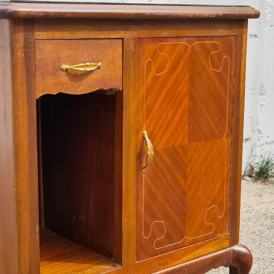 Antieke Franse art-deco console met marqueterie, houten kast met glazen blad, jaren 30 – Ladekasten, Glass (photo 9 of 21)