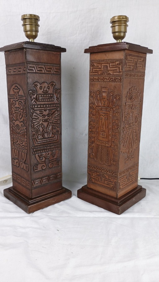 Pair of Kaiser Leuchten Totem Lamps in Vintage Leather with Aztec, Inca or Mayan Motifs
