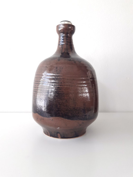 Image 1 of Sturdy dark brown ceramic Rheinfelden lamp base with new handmade lampshade of black and white graphic fabric