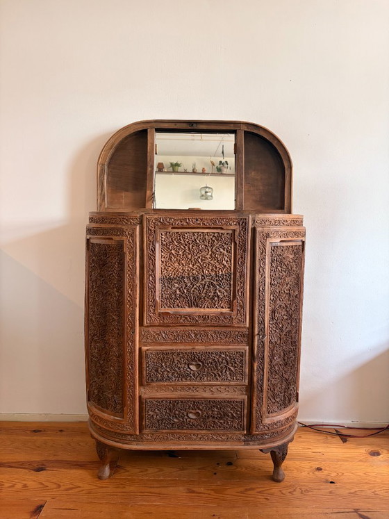 Handgesneden Kashmiri Drankkast – Art Deco – India, Jaren 60 – Drankenkasten, Wood (photo 10 of 10)