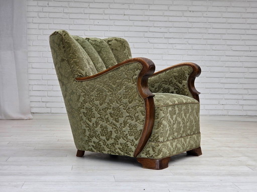 1960s, Danish armchair, green furniture velour, solid oak wood.