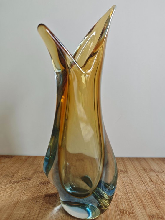Image 1 of Vintage mouth-blown glass sculptural vase — amber/topaz to smoky blue — Murano style