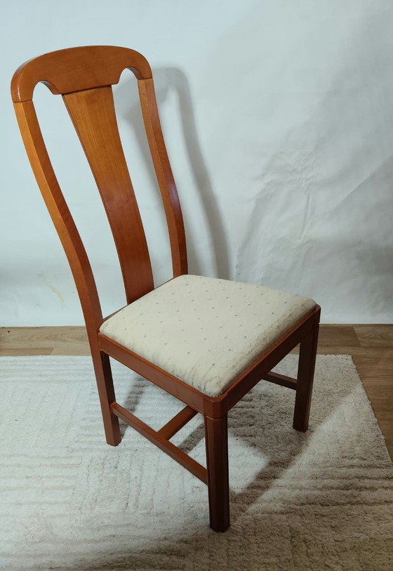 Set of 4 vintage chairs in stained wood and ecru fabric, Dining chairs, Textile, Brown (photo 2 of 6)