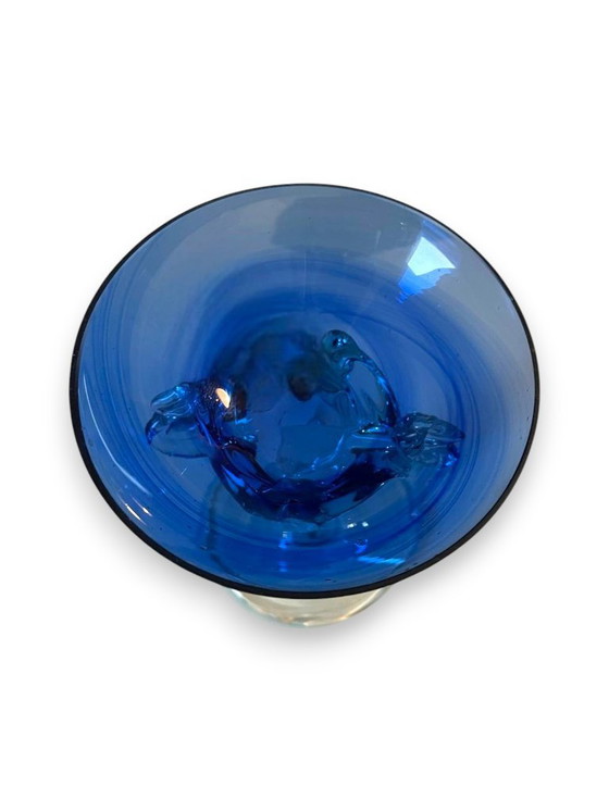 Image 1 of Krosno Poolse Gass Art Compote – Kobaltblauwe kom op gedraaide, transparante steel