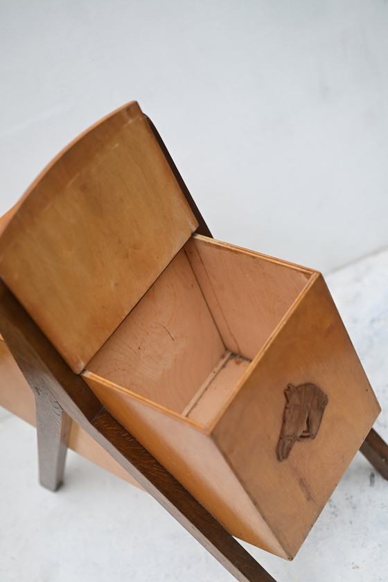 Image 1 of Pezzo unico, retrò e vintage!! Scatola da cucito di metà secolo con motivo a cavallo: contenitore in stile scandinavo retrò.