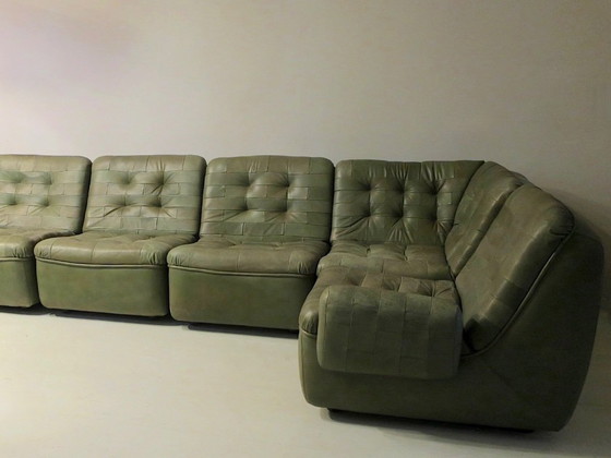 Image 1 of Patchwork Modular Sofa Set in Olive Green Patinated Leather by Laauser 1970s