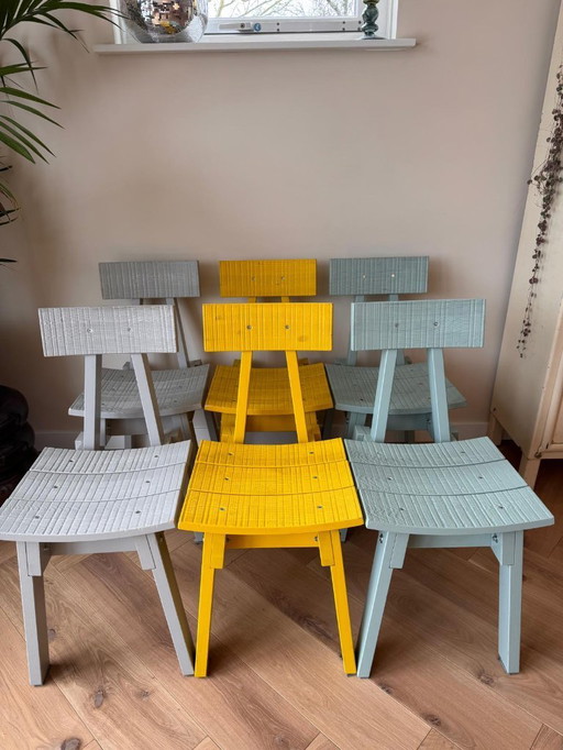 6 Piet Hein Eek stoelen Industriell IKEA ( 2 X blauw, 2 X grijs en 2 X geel)