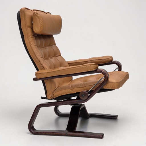 Jaren 70, Noors design, verstelbare fauteuil, leer, gebogen hout.