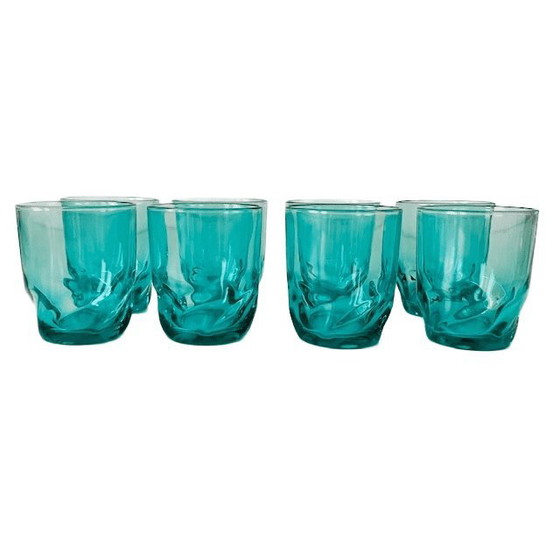 Image 1 of Vintage set of 8 twisted glasses turquoise blue Luminarc Arcoroc 1970s