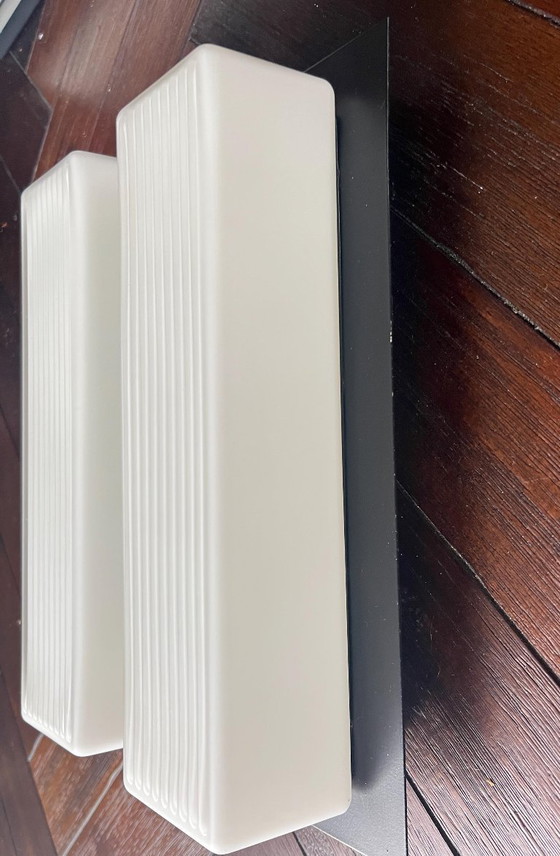 Image 1 of Due lampade da parete di metà secolo con interruttore a tirante o per montaggio diretto. Vetro satinato su corpo metallico dalla