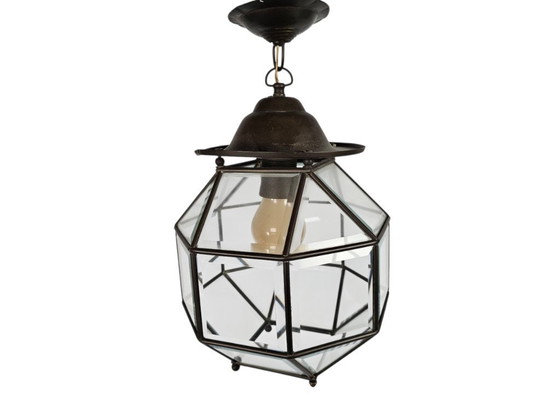 Image 1 of Scuola di Amsterdam - lampada a lanterna - vetro sfaccettato - rame - Anni '20