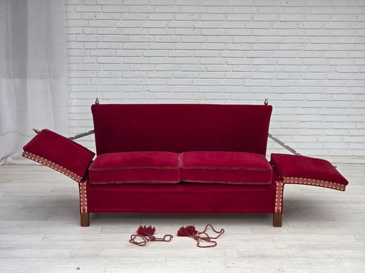 1970s, Danish 2-seater "Spanish" drop arm sofa, cherry-red furniture velour.