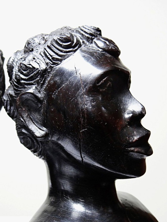 Image 1 of Couple de bustes Malgaches bois exotique foncé sculpté artisanat années 40-70