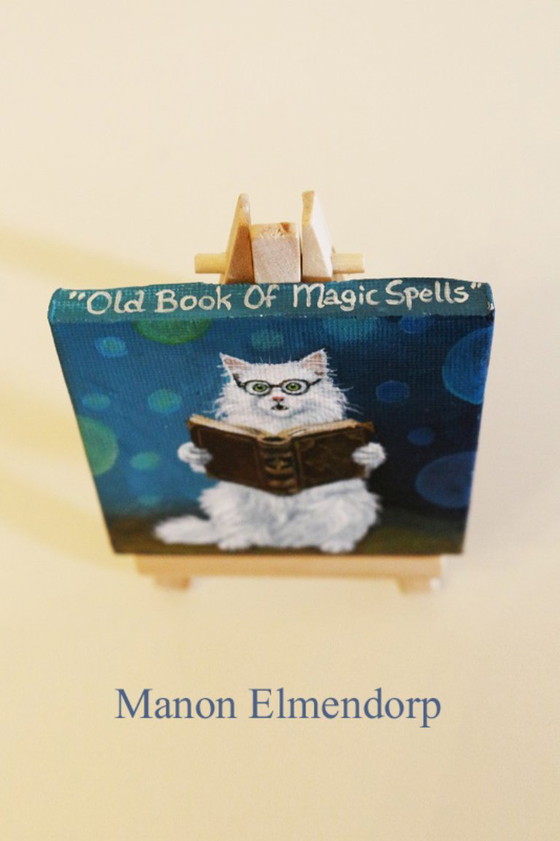 Unique Hand-Painted Small Cat Painting with Magic Book – Paintings & Drawings, Wood, Canvas (photo 3 of 6)