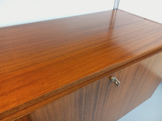 Image 1 of Bibliothèque étagère murale avec secrétaire bar vintage ARP Minvielle par Guariche Mortier Motte en bois d’acajou et aluminium d