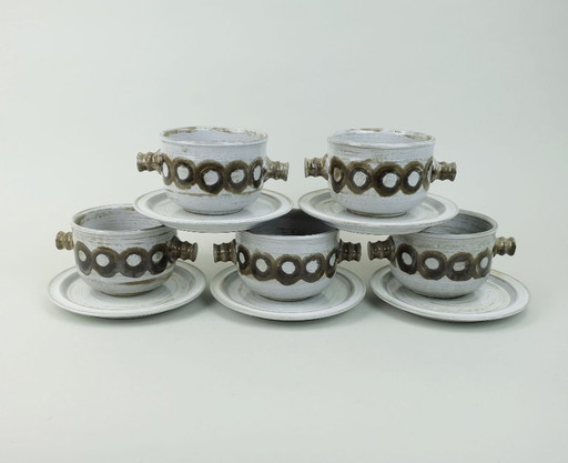 5 soup bowls with plates ceramano gala sepia esthetique tique gerda heuckeroth 1970s