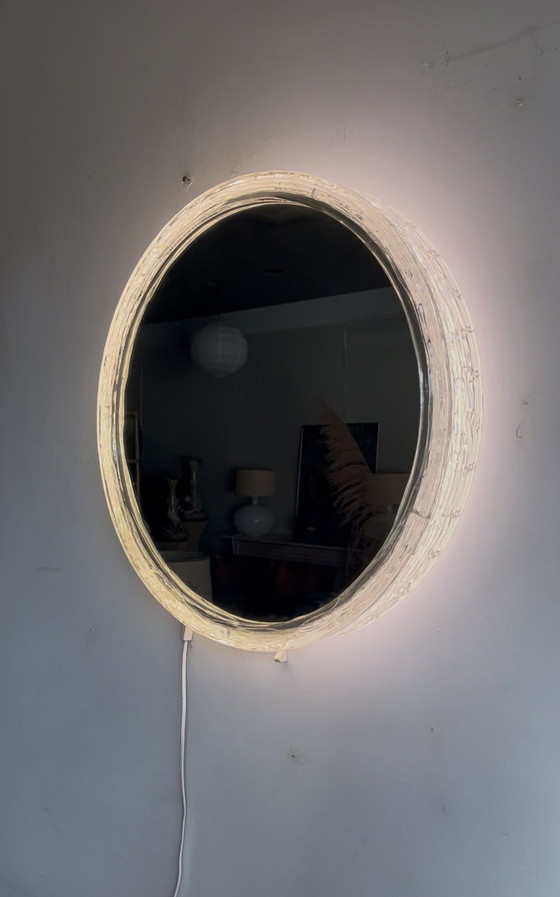 Image 1 of Verlichte spiegel ‘Iced-glass’ Hillebrand-stijl Mid Century