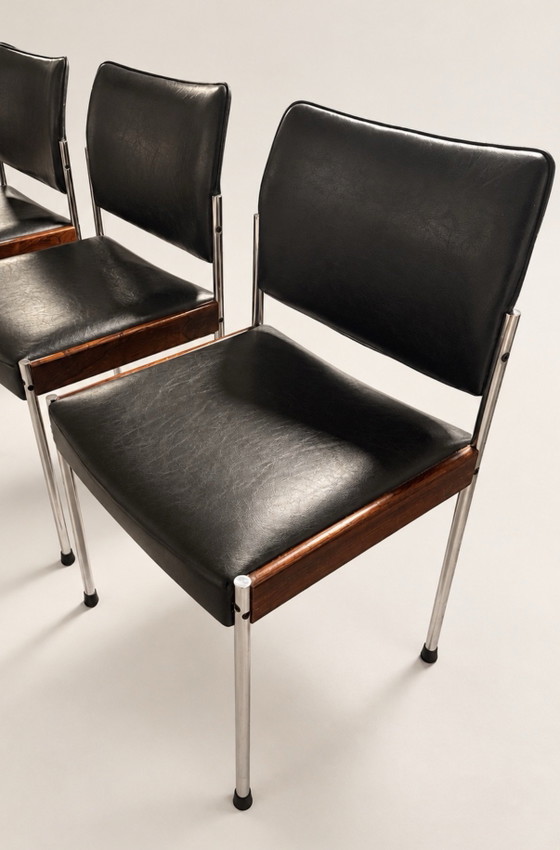 Thereca, 8 vintage Dining chairs, Netherlands, approx. 1960-70, Chrome, Leather, Black (photo 2 of 15)