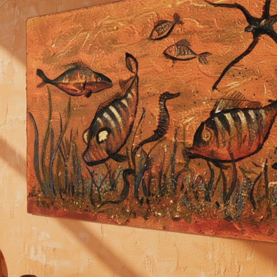 Image 1 of Peces voladores, pintura textil, 1974