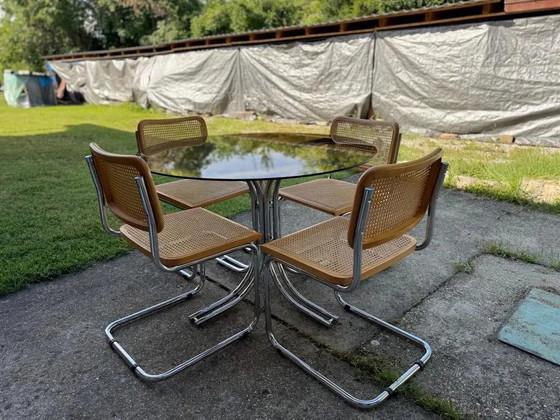 Tavolo da pranzo rotondo italiano con sedie in canna – Set di 5 – Breuer, Set da pranzo, Cromo, Bauhaus (photo 5 of 7)