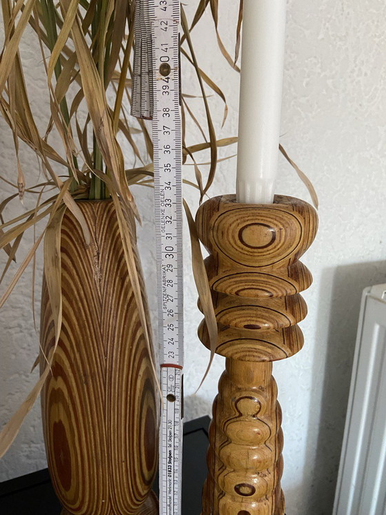 Image 1 of Vintage retro decoratieve vaas, kandelaar, unieke handgemaakte houten antieke zeldzaamheid