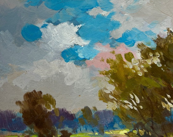 Image 1 of Original Oil Painting Autumn Field Landscape The Road to the Golden Fields