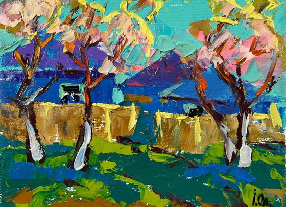 Image 1 of Origineel olieverfschilderij: Kleurrijk dorpslandschap, ontwakende lente