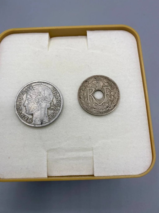 Lot of 2 French coins – 2 Francs 1948 Morlon – 25 Centimes 1932 Lindauer – decoratieve objecten, Aluminium (photo 2 of 2)