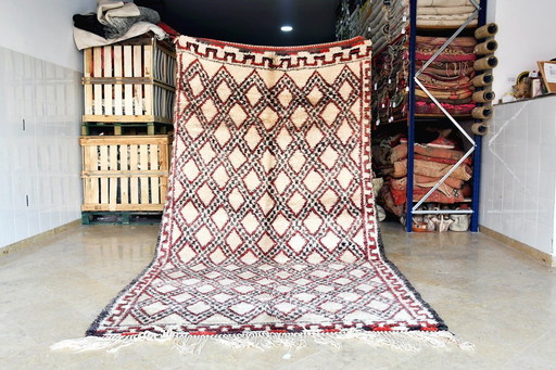 Tapis marocain vintage Beni Ourain - Crème et rouge - 320 x 180 cm