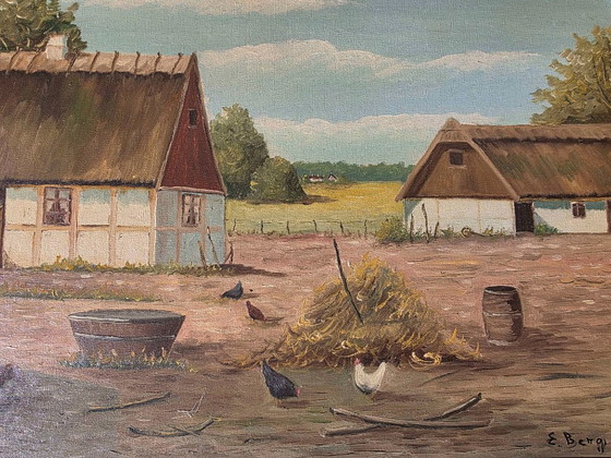 Large Vintage Oil Painting - Sunlit Farmyard with Chickens – Paintings & Drawings, Canvas (photo 7 of 12)