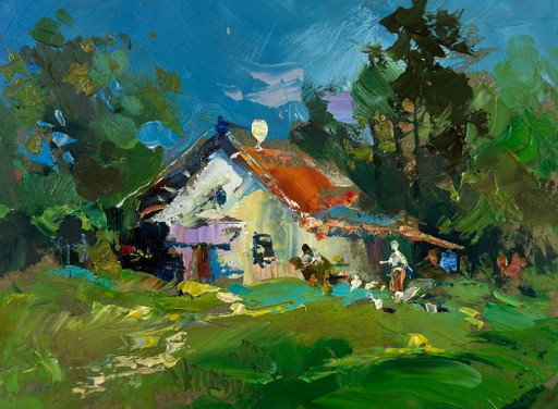 Dipinto ad olio originale, paesaggio rurale con casa di campagna e tranquilla vita di villaggio.