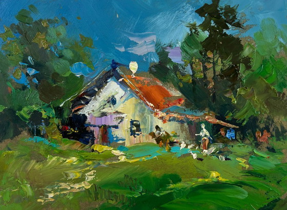 Image 1 of Original Oil Painting Rural House Landscape Quiet village life