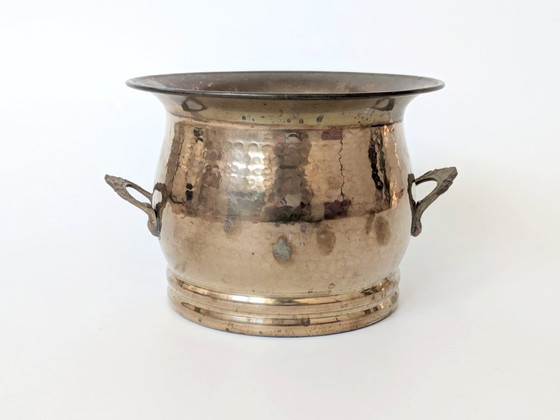 Image 1 of Vintage Hammered Brass Cachepot Planter with Ornate Handles and Age Patina