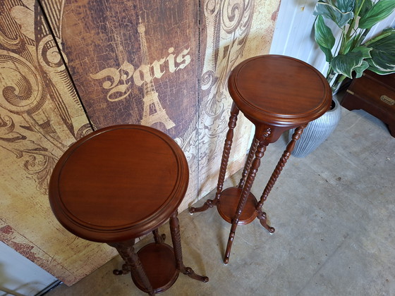 Image 1 of Classic mahogany wooden plant tables side tables, dimensions 28x28cm and 100cm high.