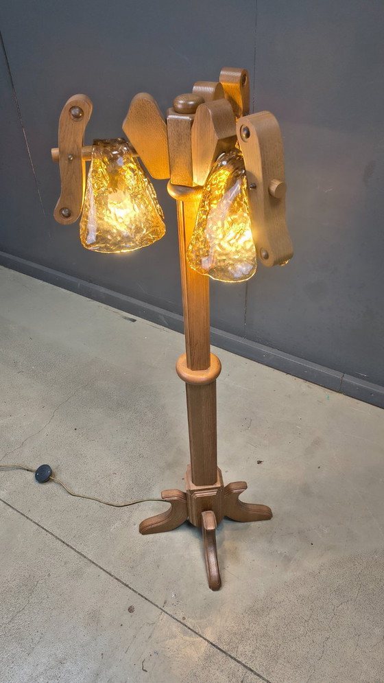 Image 1 of Lampadaire rustique en chêne et verre de Murano, années 1960