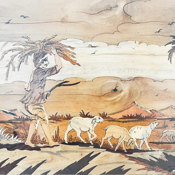 Image 1 of Vintage Native American wood inlay landscape shepherd village life marquetry 45 cm 1940s