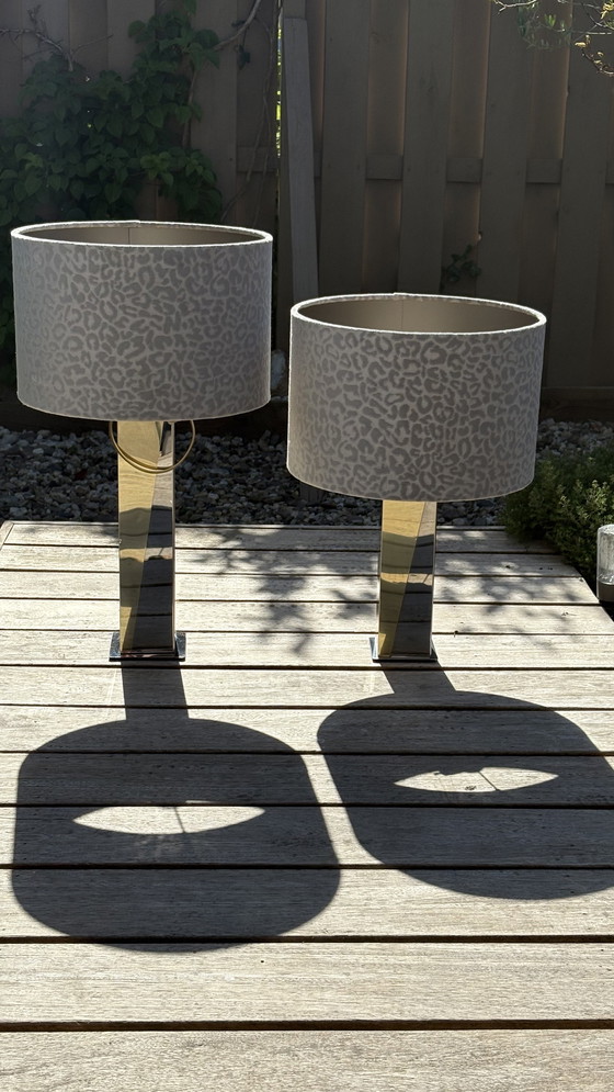 Image 1 of 2 x Paul Evans Skyscraper Style Set Table Lamps with Chrome and Gold Mirrors and Gray Panther Print