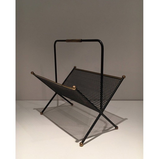 Vintage magazine rack in black lacquered metal and brass, France 1950