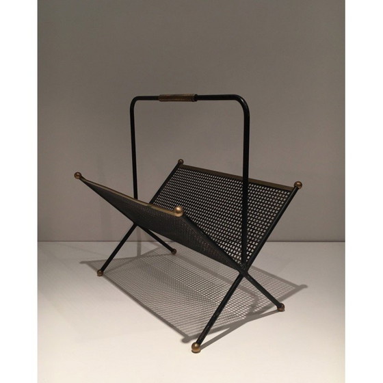 Image 1 of Vintage magazine rack in black lacquered metal and brass, France 1950