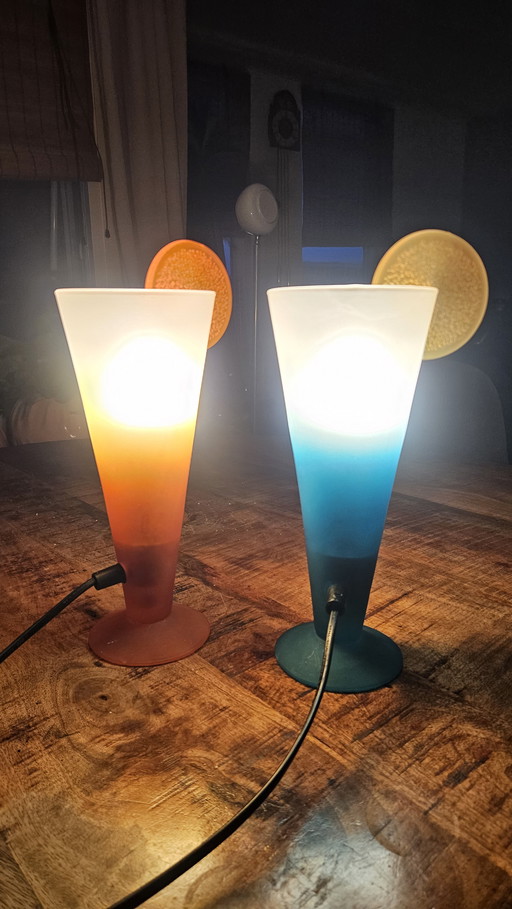 Title: Set of Vintage Table Lamps 90s – Matte Glass with Color Gradient