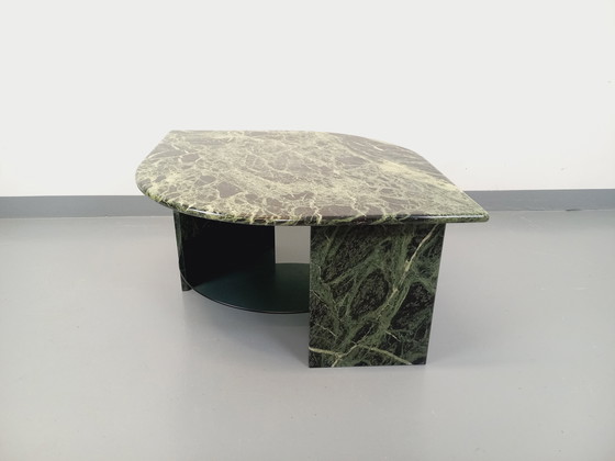 Image 1 of Vintage Square Coffee Table with 2 Tops in Green Marble and Smoked Glass from the 70s