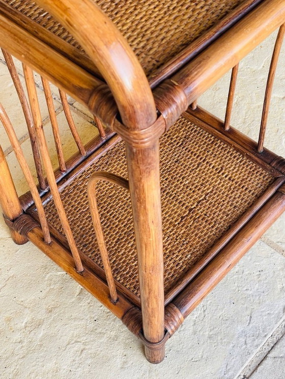 Image 1 of Mid-Century, Two-Tiered, Bamboo & Wicker Nightstand 1970s