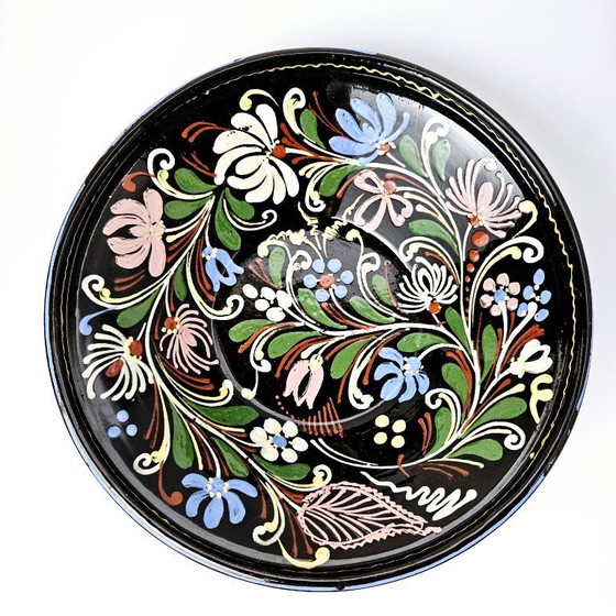 Image 1 of Vintage Hungarian Folk Art Pottery | Handmade Hand-painted Decor Hanging Wall Deep Plate | Traditional Floral Ceramic