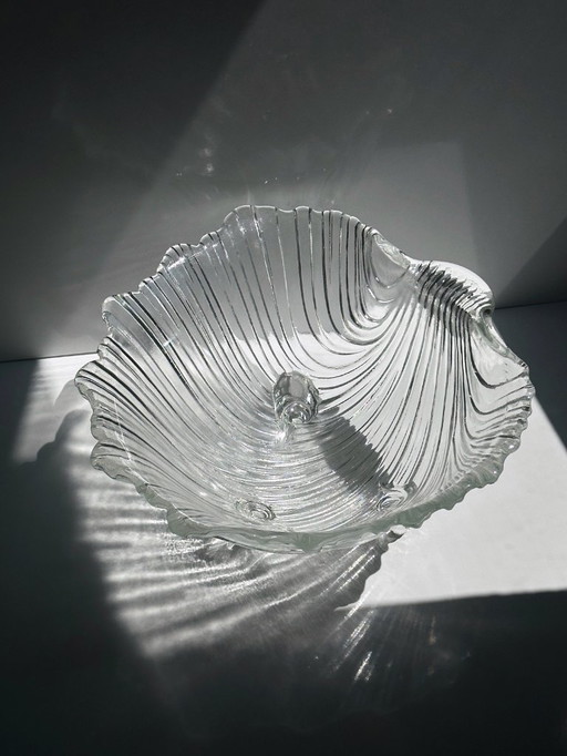 Große Glas Schale Muschel 1980er Art Deco Revival 80er 90er Kristall Schale Anbietschale Obstschale