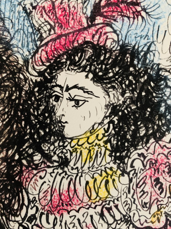 Image 1 of Litografia originale a colori di Pablo Picasso, Jacqueline a cavallo. Firmata e datata sulla lastra.