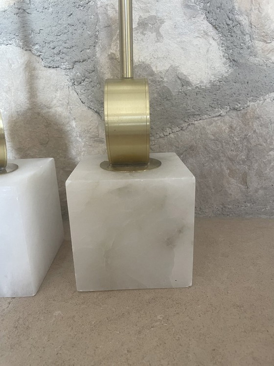 Image 1 of Set of 3 Eichholtz Etruscan Square pendant lights in alabaster and brass
